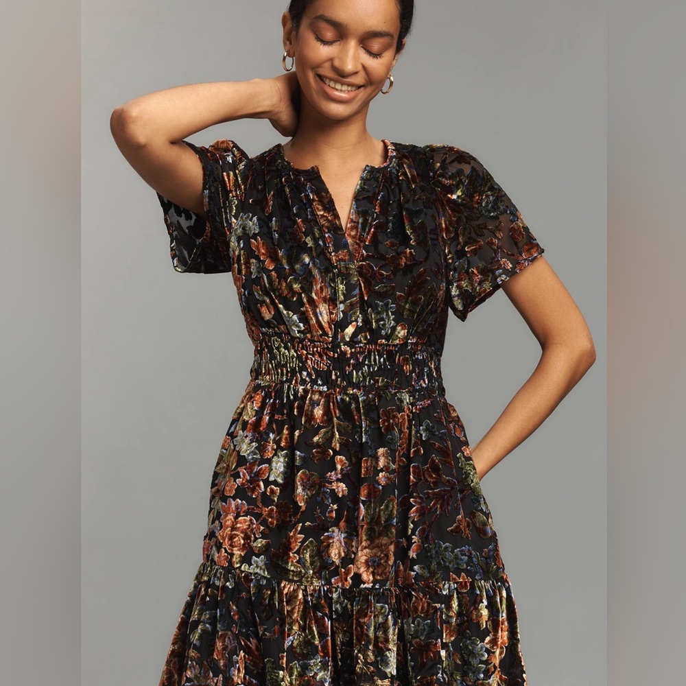Anthropologie Somerset Black Multicolor Velvet Dress